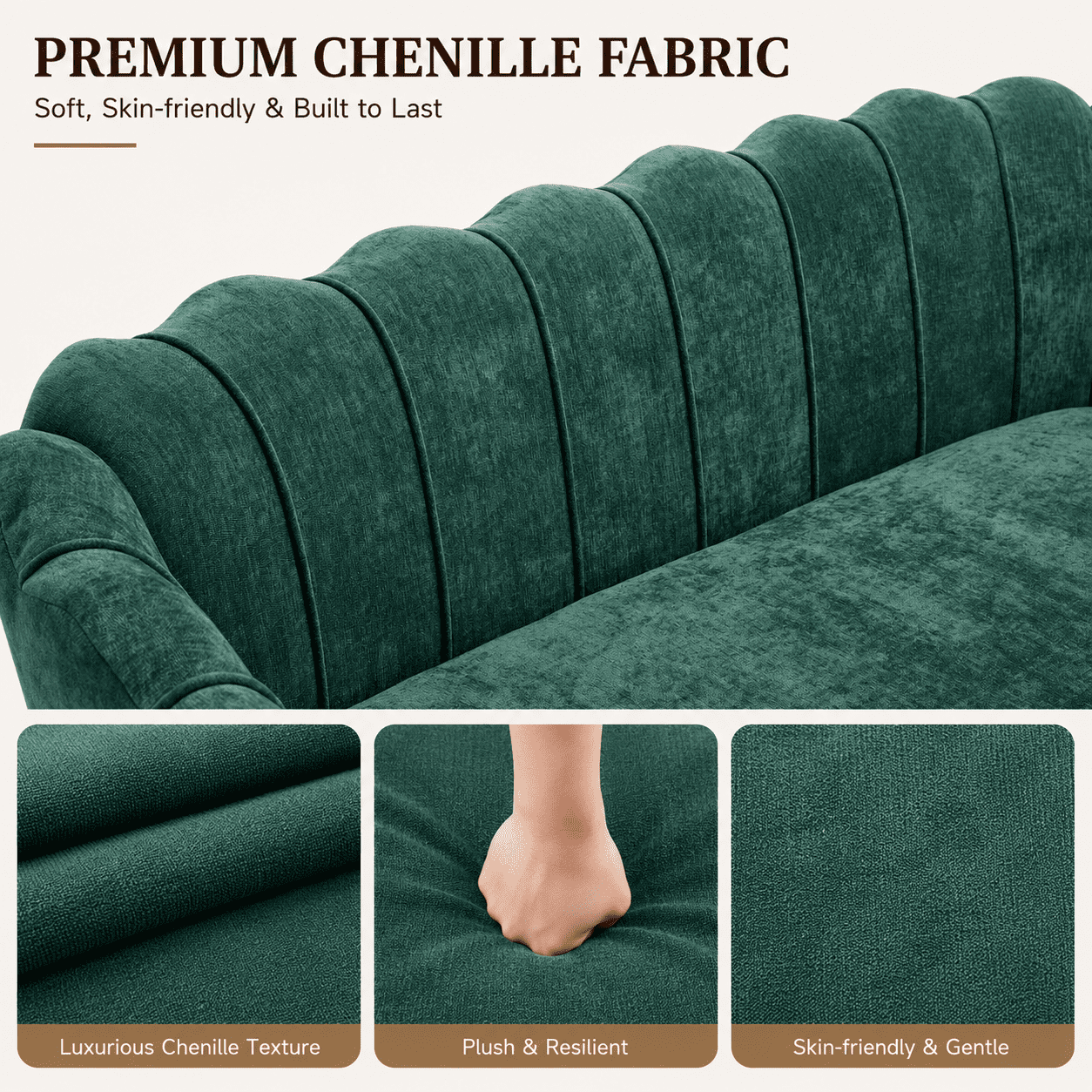 MOONMISS Chenille 2-Seater Loveseat with Gold Legs,Scallop-Tufted Curved-Back Sofa for the Living Room or Bedroom,Emerald