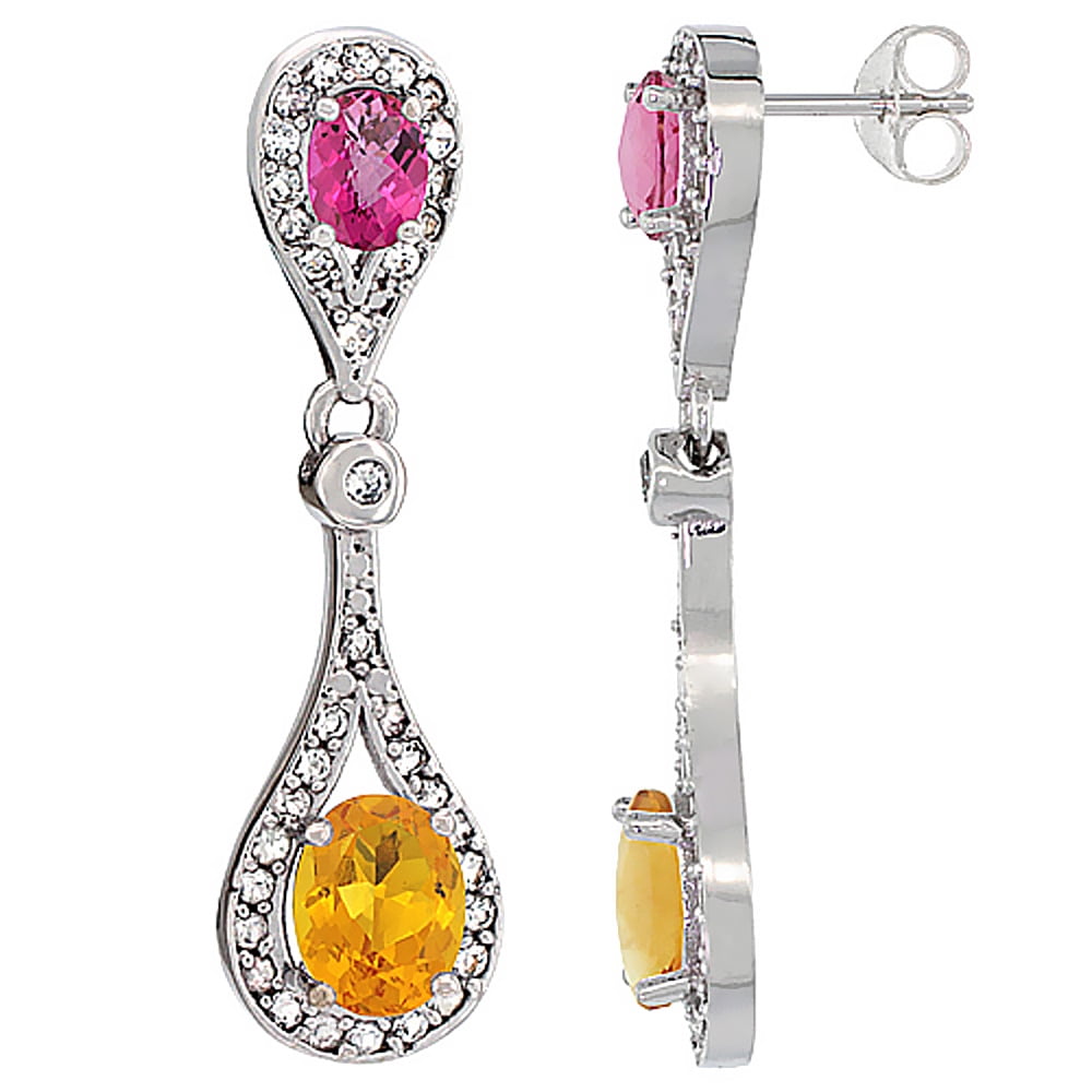 14K White Gold Natural Citrine & Pink Topaz Oval Dangling Earrings White Sapphire & Diamond Accents, 1 3 8 inches long by WorldJewels