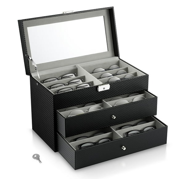 Organizador de gafas de sol MoKo con 18 ranuras, 3 capas, piel negra