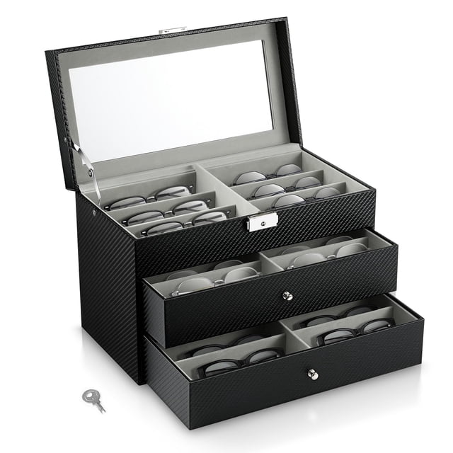 Organizador de gafas de sol MoKo con 18 ranuras, 3 capas, piel negra
