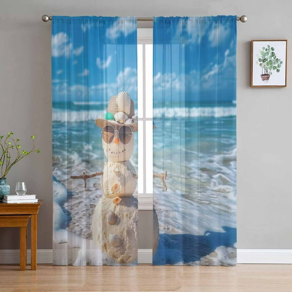 Coastal Snowman Christmas Semi Sheer Curtains 72 Inch Length 2 Panels Set, Xmas Beach Sea Nautical Sheer Kitchen Curtain Privacy Voile Window Curtain for Living Room Bedroom Rod Pocket Drapes