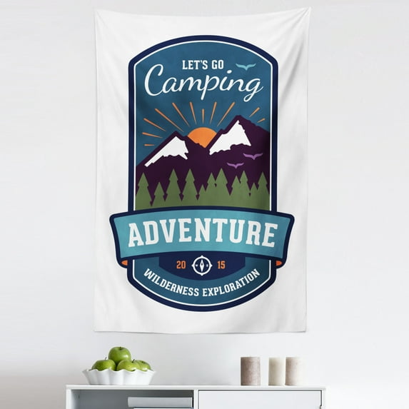 Adventure Tapestry, Signboard of Camping Wilderness Exploration Mountains Illustration, Fabric Wall Hanging Decor for Bedroom Living Room Dorm, 5 Sizes, White and Multicolor, by Ambesonne