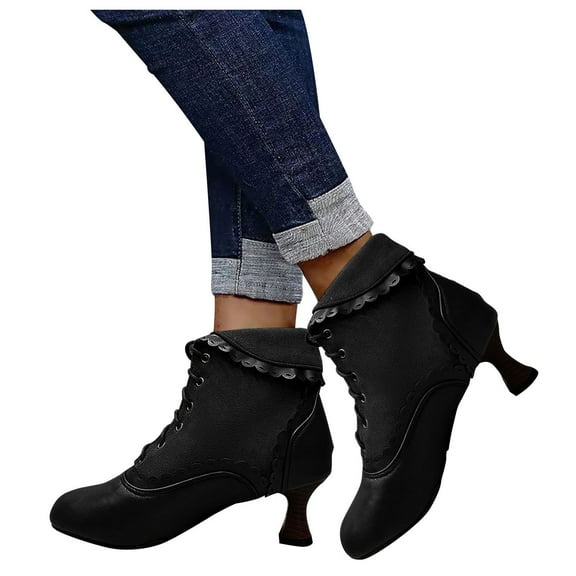 Mepaouo Ankle Boots for Women Block Heel Round Toe Lace up Women's Dress Short Booties(Black,7)