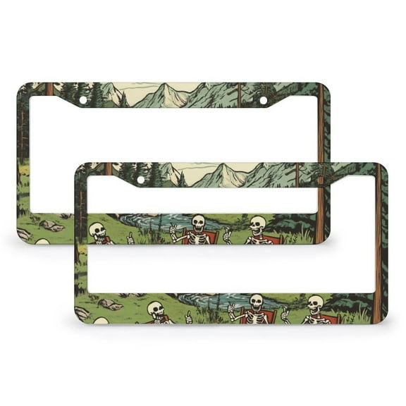 Skull Camping License Plate Cover 2 Pcs Set Halloween Skull License Plate Cover License Plate Novelty License Plate Frame Gift for Dad 2 Round Holes Quality Aluminum Metal License Plate Frames