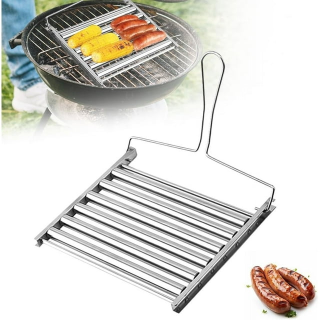 Oleegame 1 Pce Rouleau à Hot-Dogs Pliable Support à Saucisses Support à Saucisses en Acier Inoxydable Support à Saucisses Cuit Uniformément Hot-Dogs Outil BBQ pour Extérieur Camping Barbecue Fête Cuisine Argent