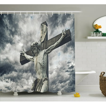 Religious Shower Curtain Cross With Holy Character Statue Stormy Religious Shower Curtain Cross With Holy Character Statue Stormy Dramatic Clouds Scene Fabric