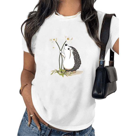 Women's Crew Neck Printed Cotton Tee Hedgehog Smelling Daisy Graphic Casual Loose T Shirt Graphic Tees Tops White S-5XL