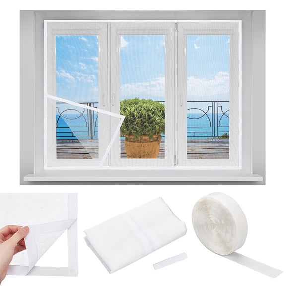 63x63Inch Window Screen Net Self-Adhesive Window Screen Mesh with Hook and Loop Fastener Plastic Door Mesh Screen for House Door Window Screens Replacement White DIY
