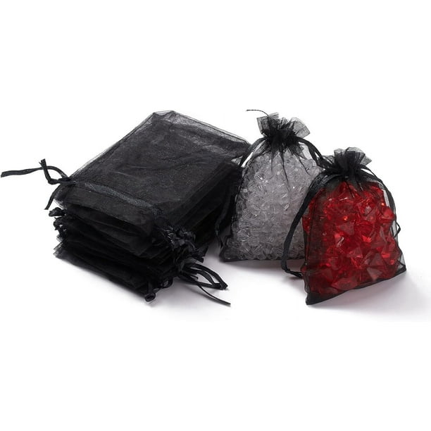 100 bolsas de organza para regalo con cordón, ideales para joyería, bodas, fiestas y Navidad. Color negro. Medidas: 12 x 9 cm.