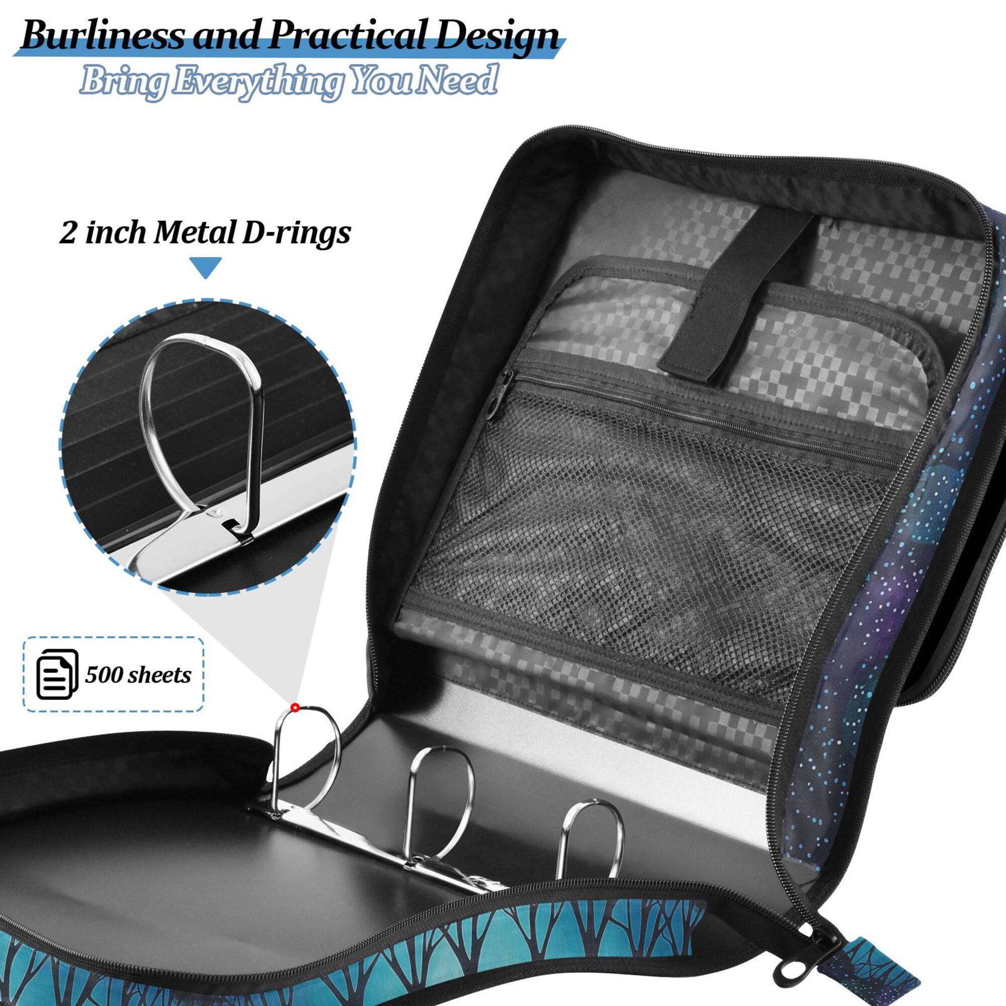 FORMRS Zipper Binder with Shoulder Strap 2-inch Ring 500 Sheet Capacity File Bag, Purple Moonlight Forest