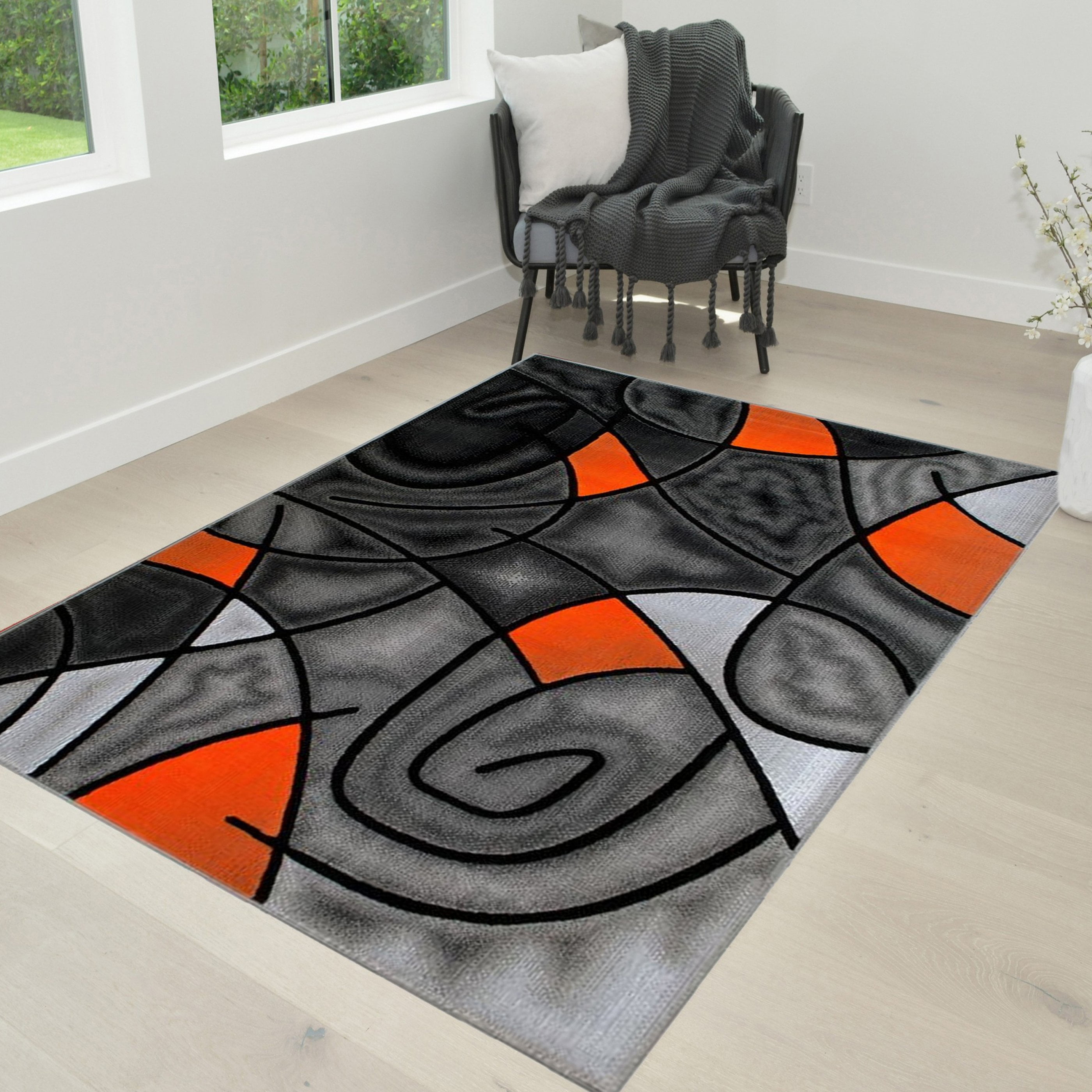 Electric Orange/Grey/Silver/Black/Abstract Area Rug Modern Contemporary