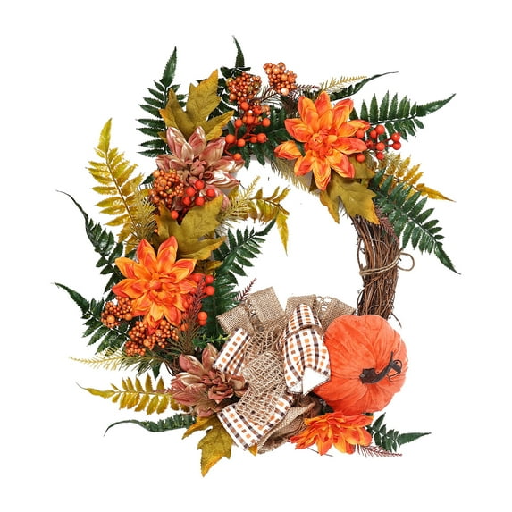 Biekopu Fall Wreath, Artificial Autumn Harvest Wreath with Flowers, Leaves