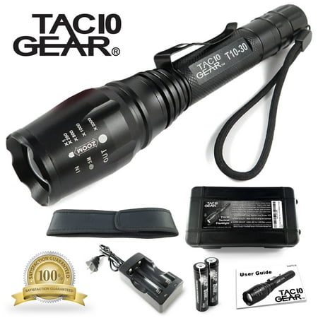 TAC10 GEAR Tactical LED Flashlight XML-T6 1,000 Lumens Water Resistant with Rechargeable Li-Ion Batteries, Charger, Adjustable Zoom Focus, 5 User Modes, and