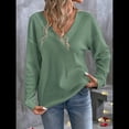 thumbnail image 4 of Blusas de Punto Gofre para Mujer, Blusas Casuales de Larga con Farol, Cuello en V, Camisetas Oversize. Verde L, 4 of 8