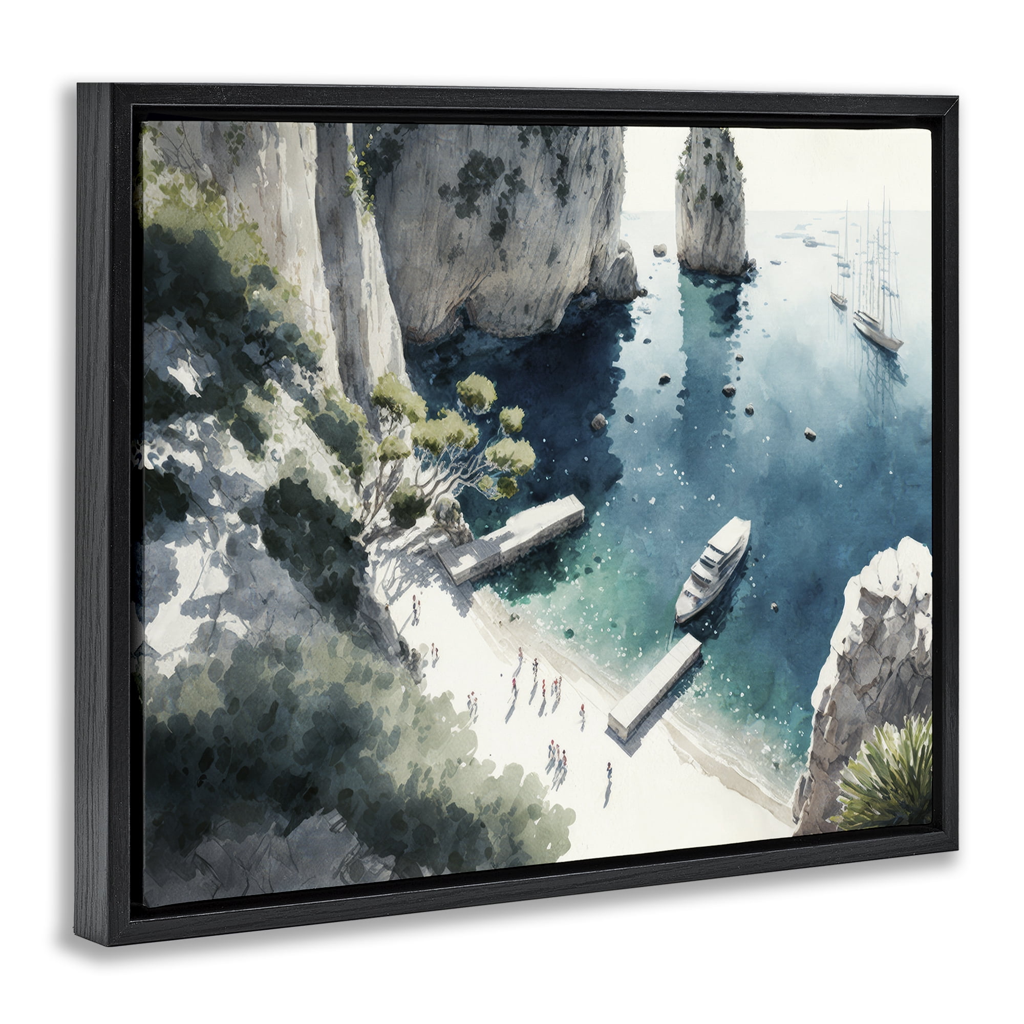 Stupell Industries Boats on Rocky Shore Landscape & Nature Painting Black Floater Framed Canvas Art Print Wall Art, 31 x 25