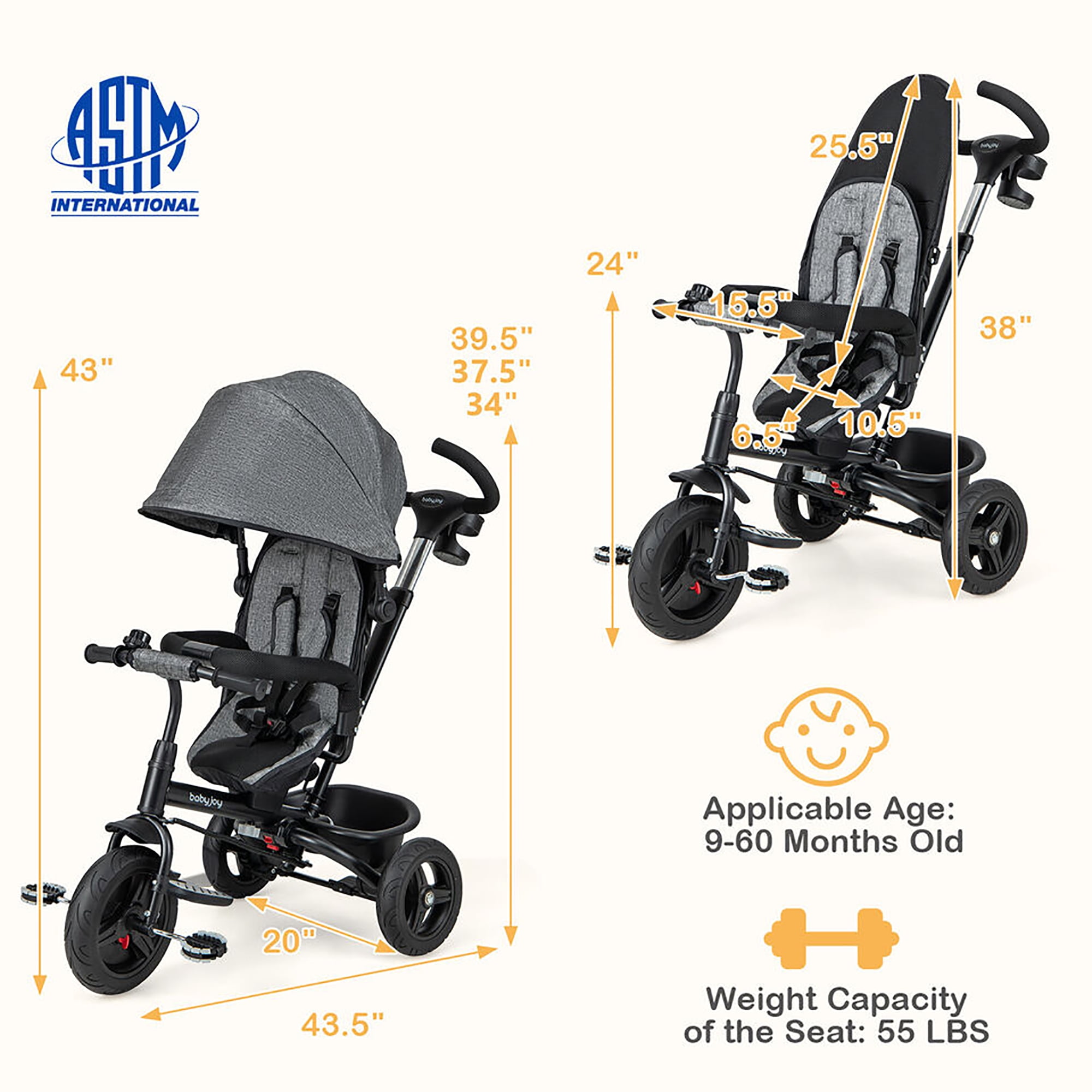 Gymax 4-in-1 Baby Tricycle Toddler Trike w/ Reversible Seat Canopy & Push Handle Gray