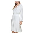 thumbnail image 3 of KENSIE DRESSES Womens White Pleated Lined Smocked Waist Long Sleeve V Neck Above The Knee Cocktail Fit + Flare Dress 12, 3 of 4