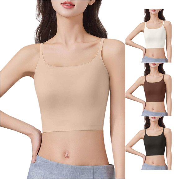 Xijirk Women Square Neck Thin Strap Camisole Integrated Chest Pad Short Cut Length for Outdoor Group Activities Friend Social Moments Daily Casual Outfits,Beige,L