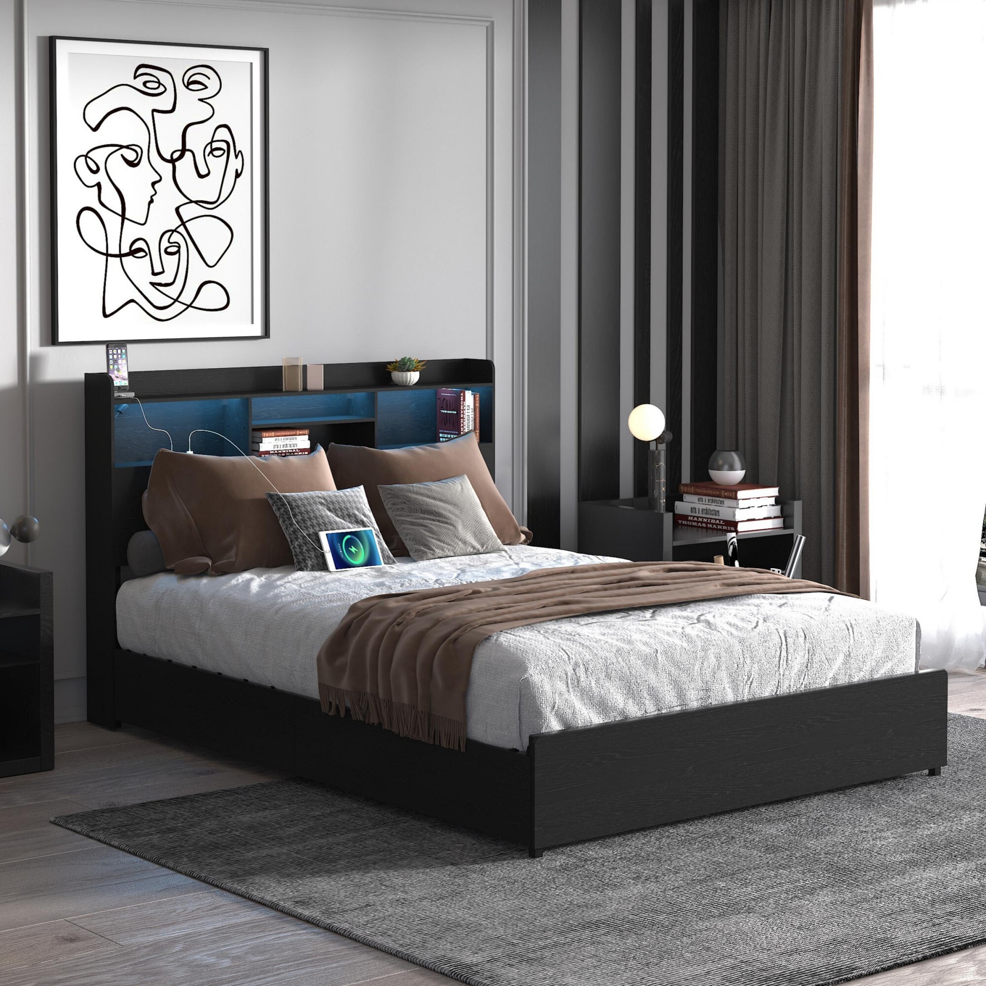 AENKYO Queen Size Bed Frame with 4 Storage Drawers & LED Lights - Storage Headboard with Charging, Noise-Free, Black
