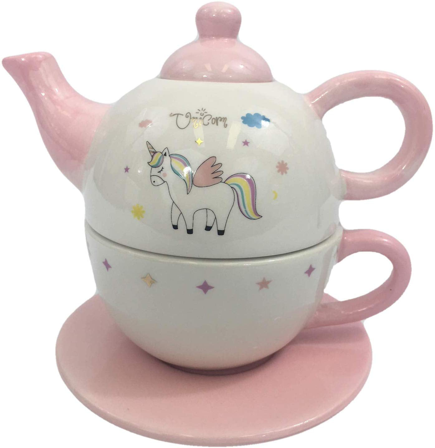 Teapot with Cup Tea for One 4-Piece Unicorn Tea Set Made of Porcelain 