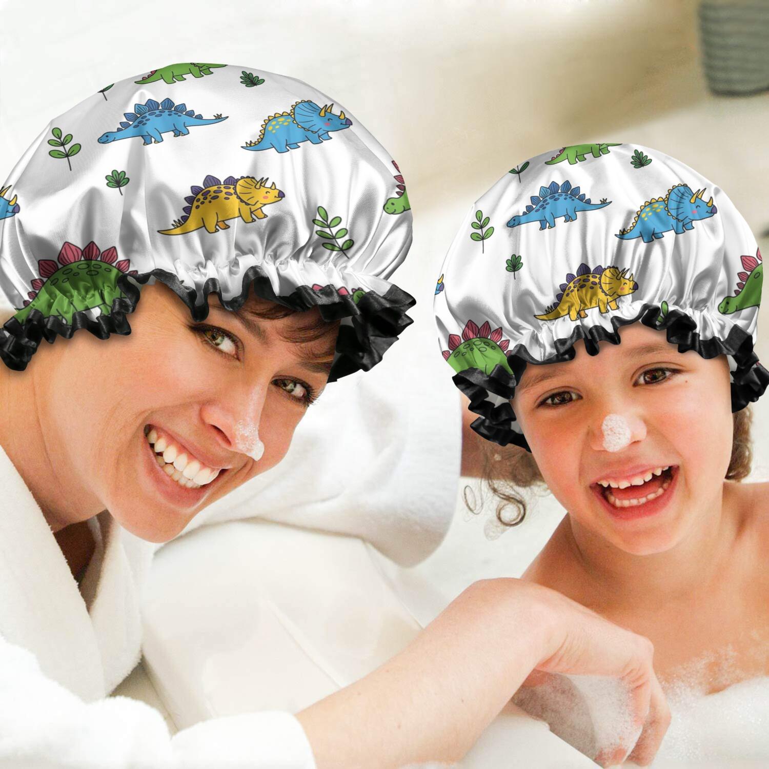 Shower Caps,White Dinosaurs Plants Pattern Waterproof Shower Cap for Women 4 Pieces,Double Reusable Hair Cover for Shower PEVA Elastic Stretch Hem