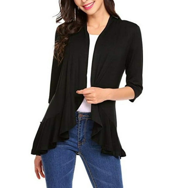 xiaxaixu Women Spring Autumn Cardigan Tops, 3/4 Sleeve Casual Solid Color Ruffled Hem Thin Tops Coat