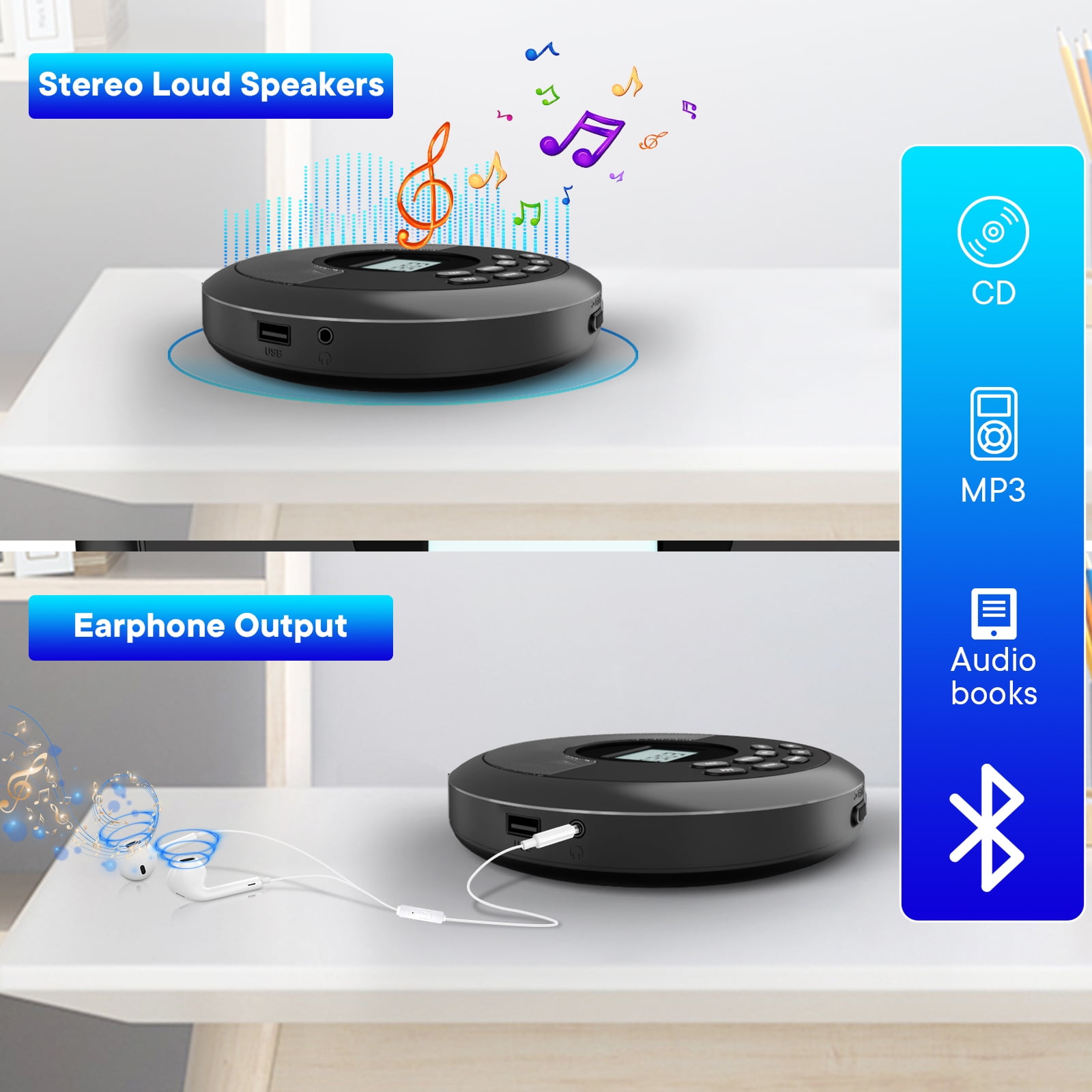 KUEPHOM Portable CD Player Bluetooth,Rechargeable Walkman CD Player with Speakers and Headphones,Small CD Player for Car plug in with anti-skip protection,CD/USB/BT playable,bluetooth transmitting