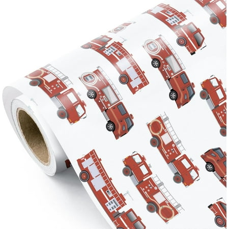 ZJQYDS Fire Truck Wrapping Paper Roll - Mini Roll - 17 Inch x 16.5 Feet - Red Fire Engine Car Wrapping Paper, Perfect for Kids Boys Birthday, Baby Shower