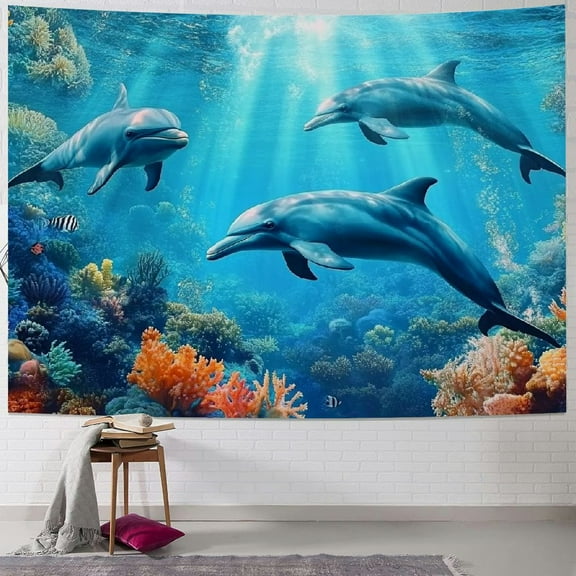 Patifu Dolphins Ocean Corals Tapestry Wall Hanging Unique Style Graphic Tapestries Home Decor for Living Room Bedroom 40x30inch
