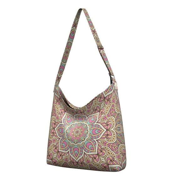 Reusable Canvas Shopping Bag with Mandala and Folk Art Design – Boho Tribal Pattern Tote for Eco-Conscious Consumers