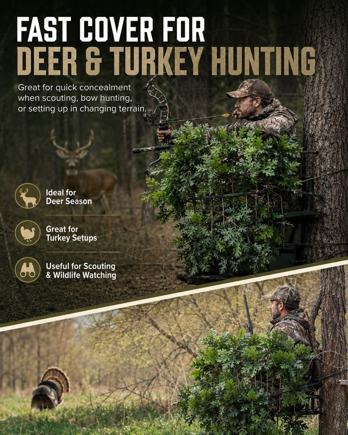 Hunting Concealment Branch Stand, Camouflage Branch Screening Holder with Realistic Oak Leaf Foliage, Tree Stand Blind Cover Camo Screen, Fast Setup Ground Tree Mount for Deer Turkey Hunting