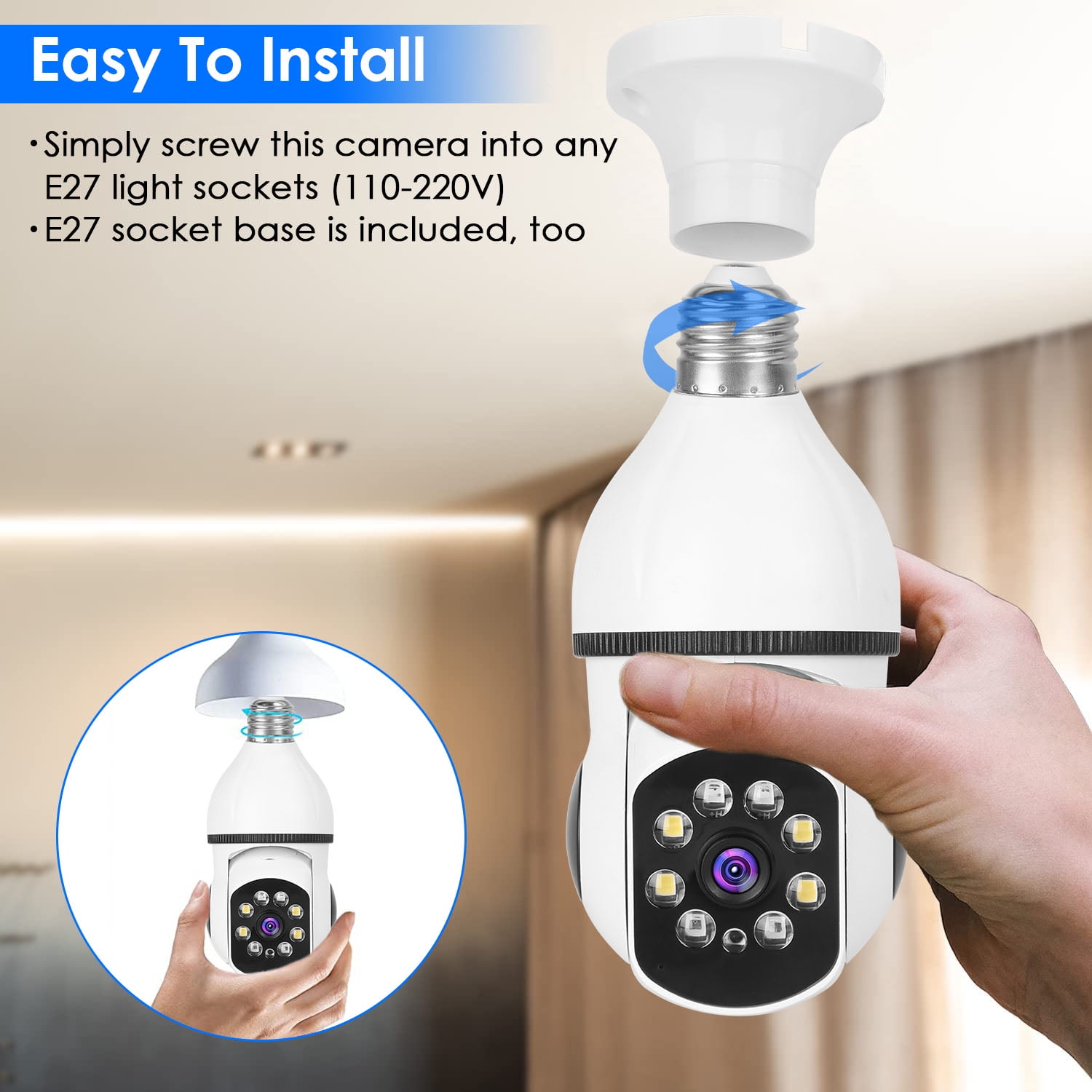 5G/2.4G 360° Wireless 1080p Security Camera Light Bulb Camera w/ Real-time Motion Detection