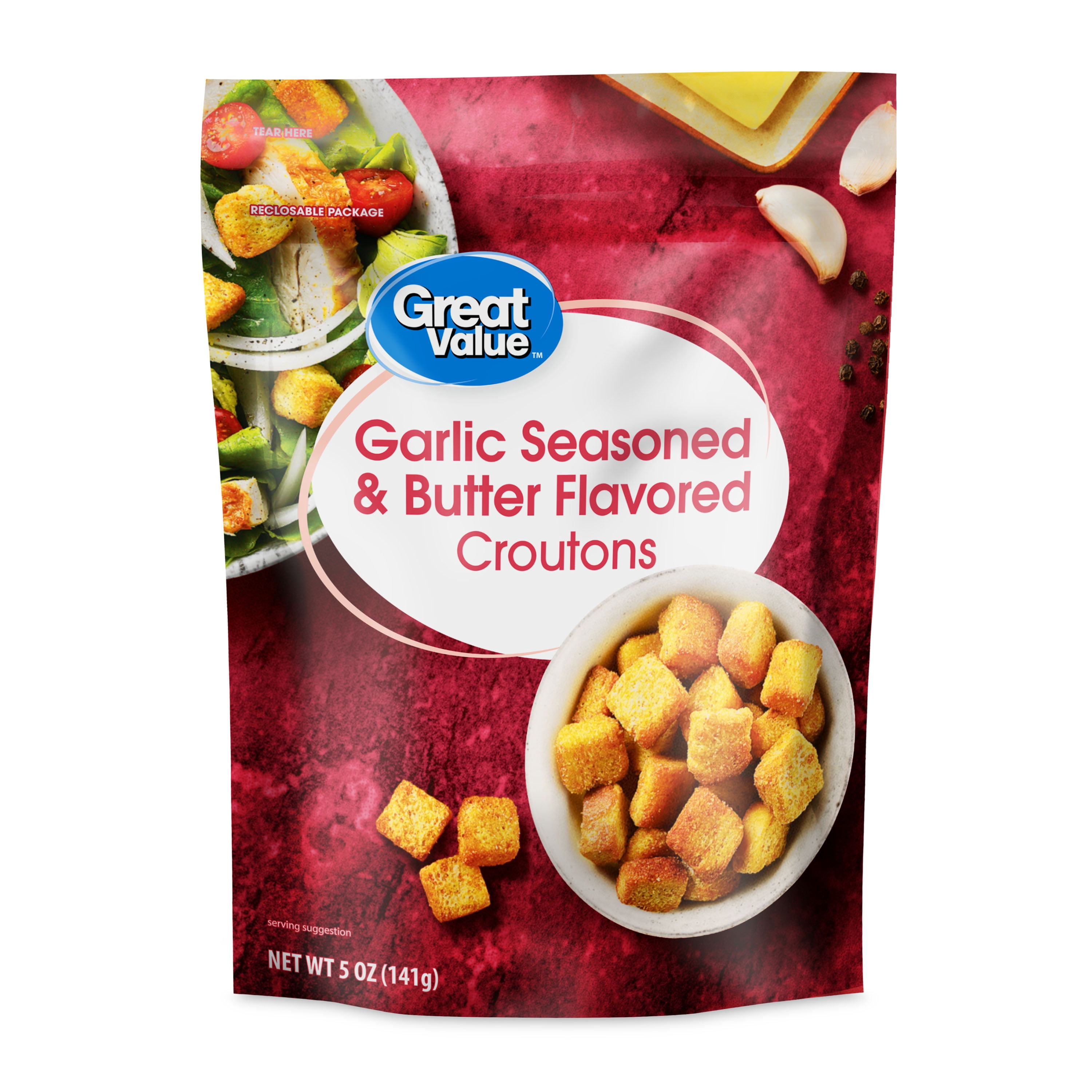 (12 pack) Great Value Garlic & Butter Seasoned Croutons, 5 oz Resealable Bag