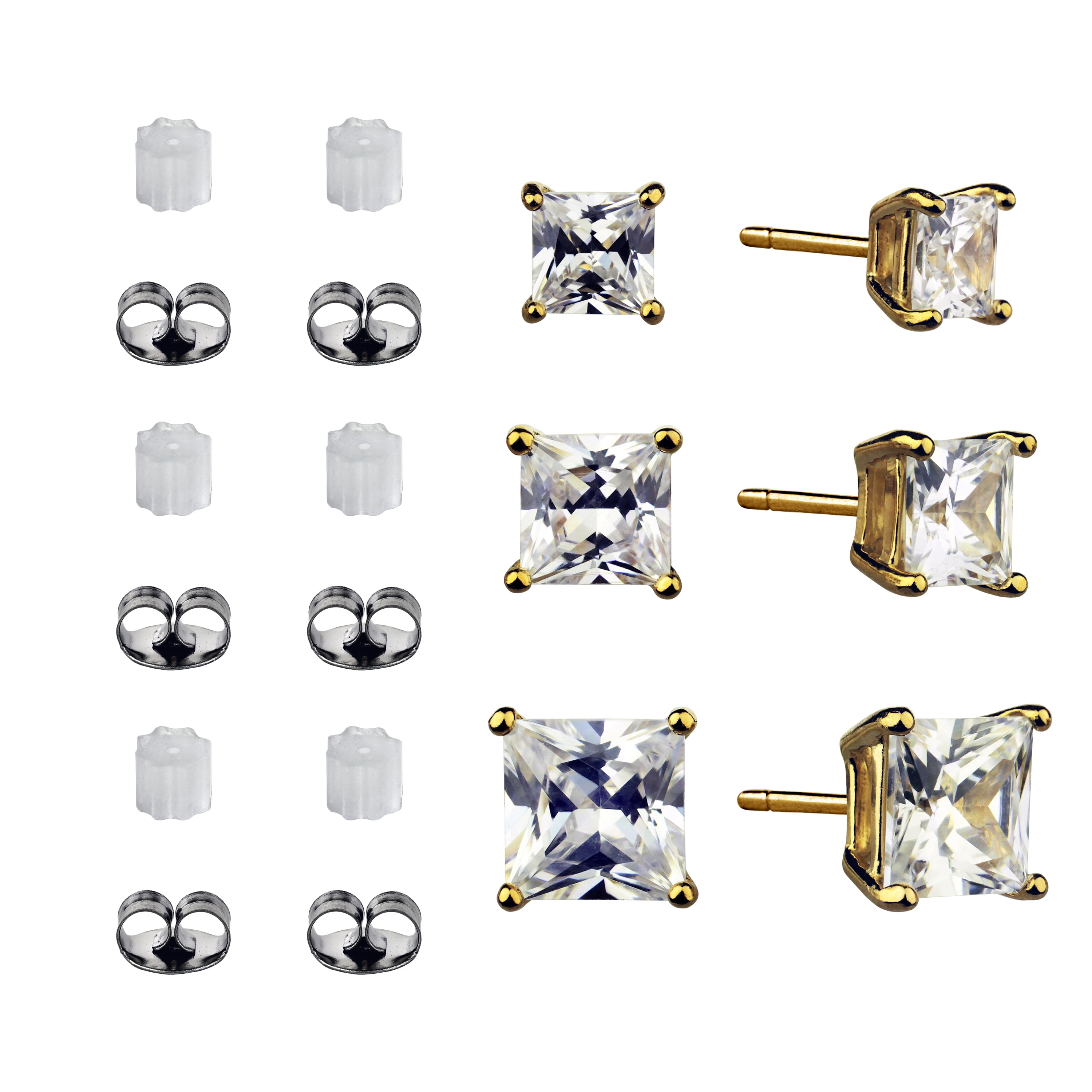 Brilliance Fine Jewelry Women's Simulated Diamond Trio Square Earring Set in Gold Flash Plated Sterling Silver