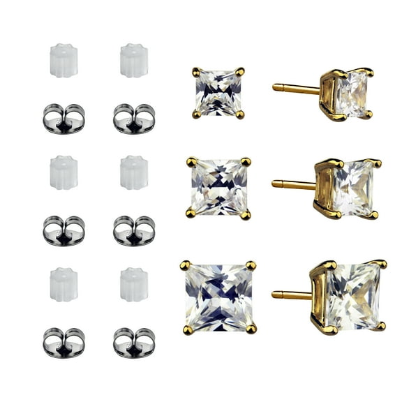 Brilliance Fine Jewelry Women's Simulated Diamond Trio Square Earring Set in 14KT Gold Plated Sterling Silver