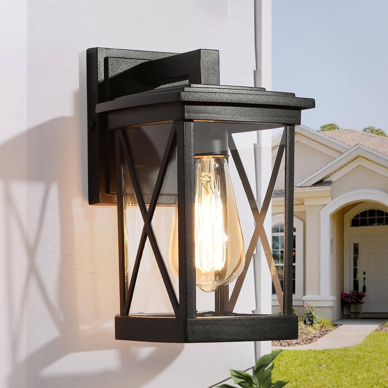 LNC Lans 11-in Sandy Black Clear Glass Square Cage Modern Outdoor Wall Light,10.2"H