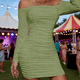 thumbnail image 3 of Vestido de Color Sólido para las Mujeres Fuera Del Hombro Manga Larga Plisado Bodycon sin Espalda Traje de Vacaciones, 3 of 5