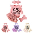 thumbnail image 2 of mgoYE Hello I'm New Here Newborn Baby Girl Outfit Ruffle Romper Tiered Tutu Dress Shorts Headband Socks Coming Home Clothes Set, 2 of 9