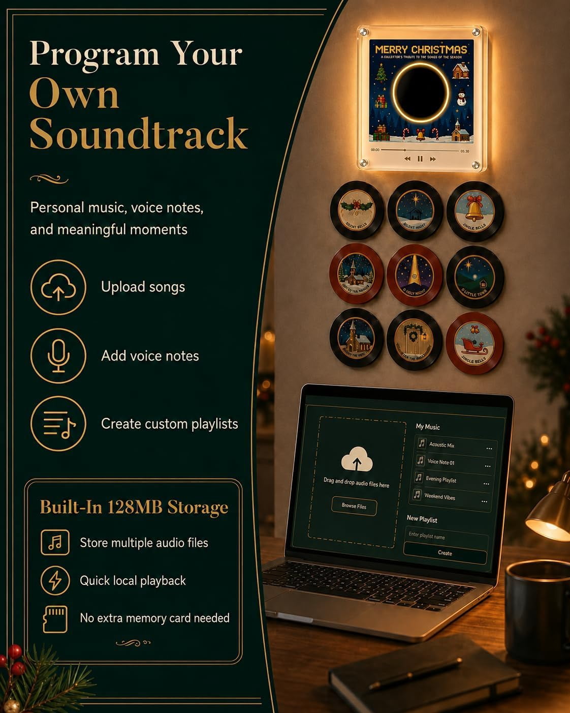 NovaSyrma Magnetic Fridge Vinyl Music Box Christmas, Magnetic Vinyl Player for Fridge, with 9 Vinyl Style Discs and USB C,  Festive Compact Accessory for Kitchen Office Bedroom
