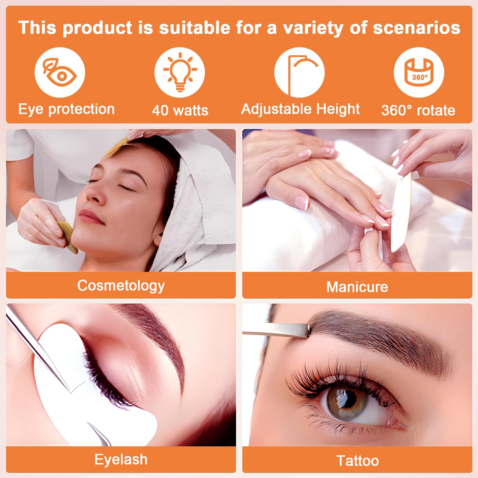 Yacona 2 in 1 LED Lash Lamp for Eyelash Tech, 360-Degree Rotation Lash Light, Adjustable Brightness and Height Half Moon Light, Shadowless, White