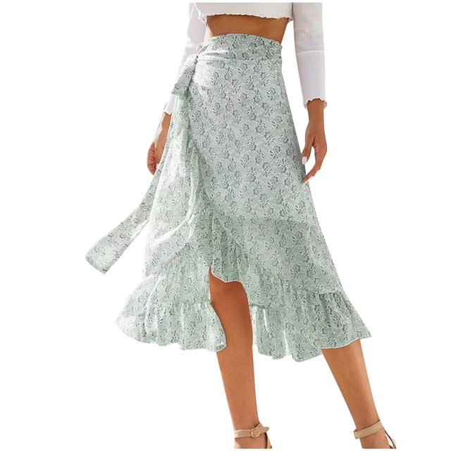 QIPOPIQ Jupe Midi Fendue à Imprimé Floral Bohème pour Femme, Portefeuille à Nouer devant, Ourlet à Volants, Liquidation