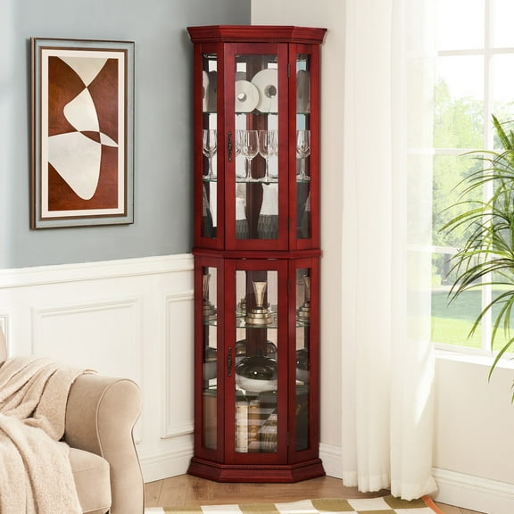 Stylish Cherry Storage Cabinet With Tempered Glass And Illuminated Shelves Display Adjustable Lighting Options