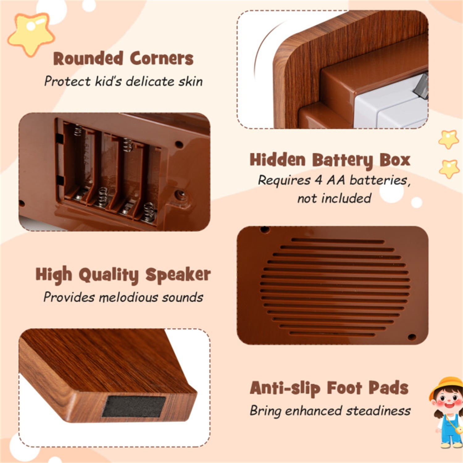 25 Keys Mini Digital Piano for Kids Age 3+, Lighted Teaching Mode with 6 Tones & 15 Demo Songs-Brown