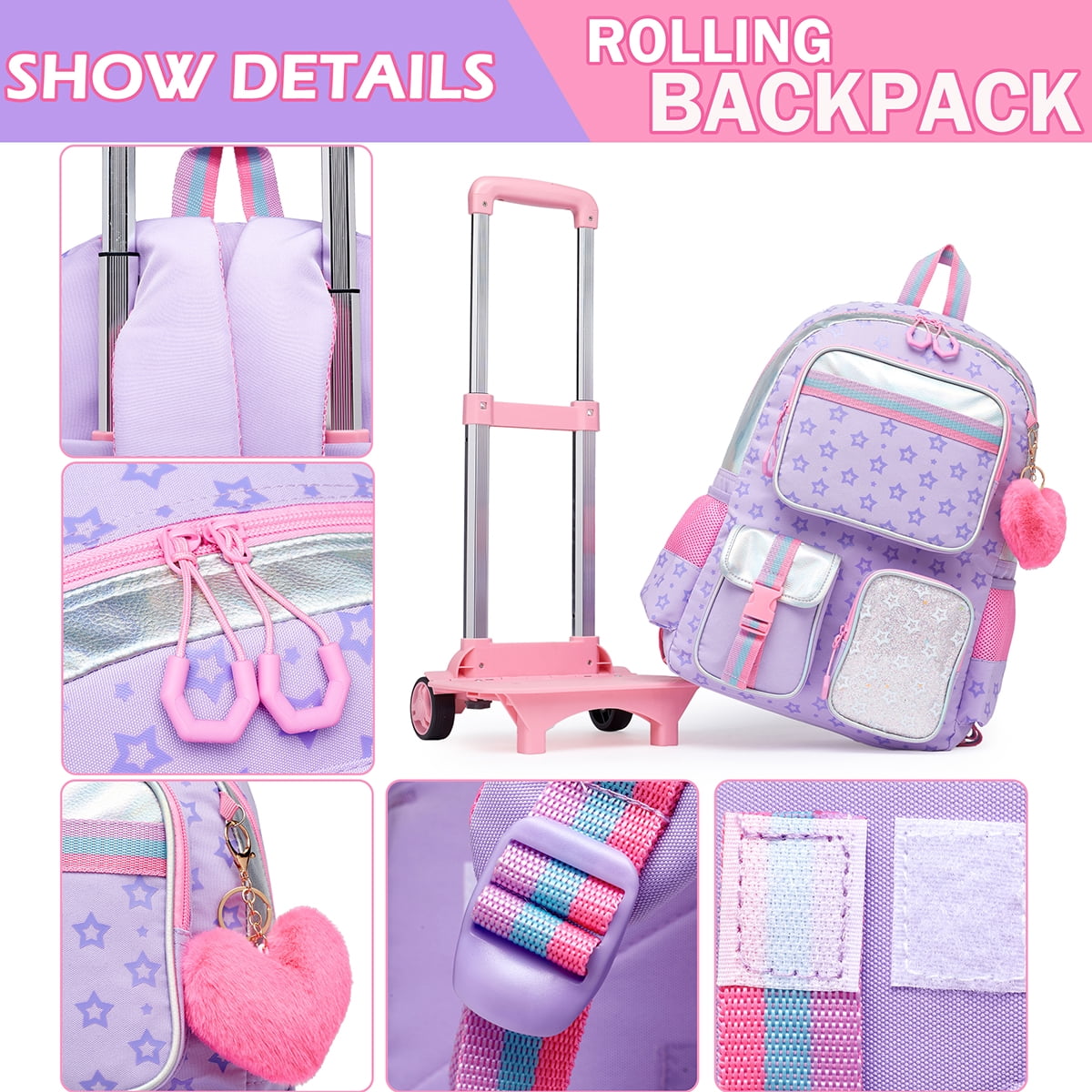 Kids Rolling Backpacks for Girls with Wheels Roller Backpack with Lunch Bag Pencil Case for Elementary Students Bookbag for 6-12 Years Old