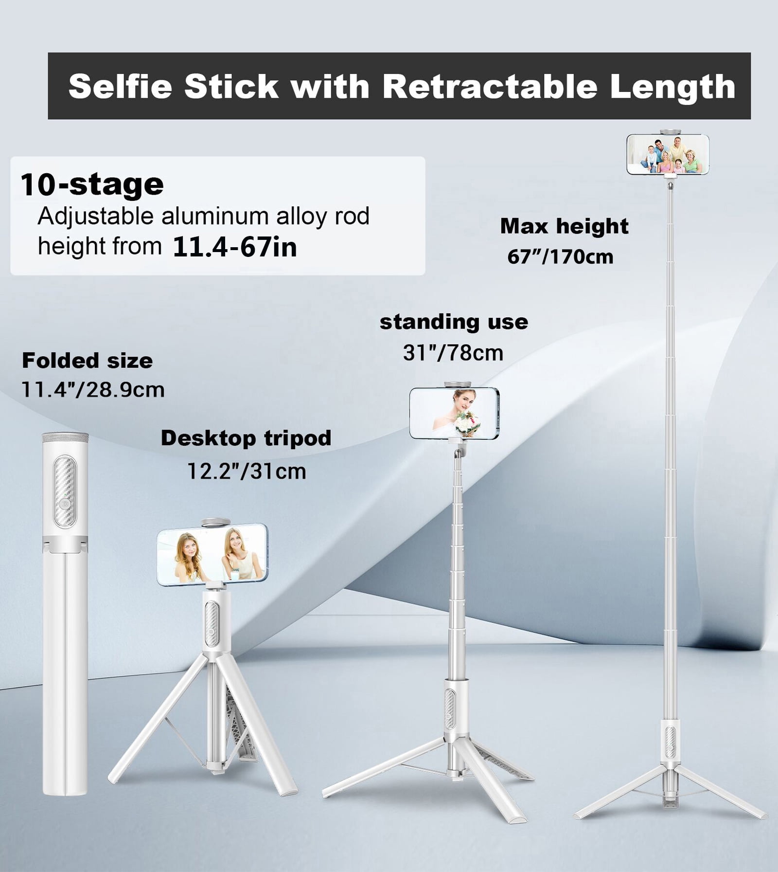 TONEOF 67in White Phone Tripod Selfie Stick with Remote control Portable for 4-7” iPhone and Android