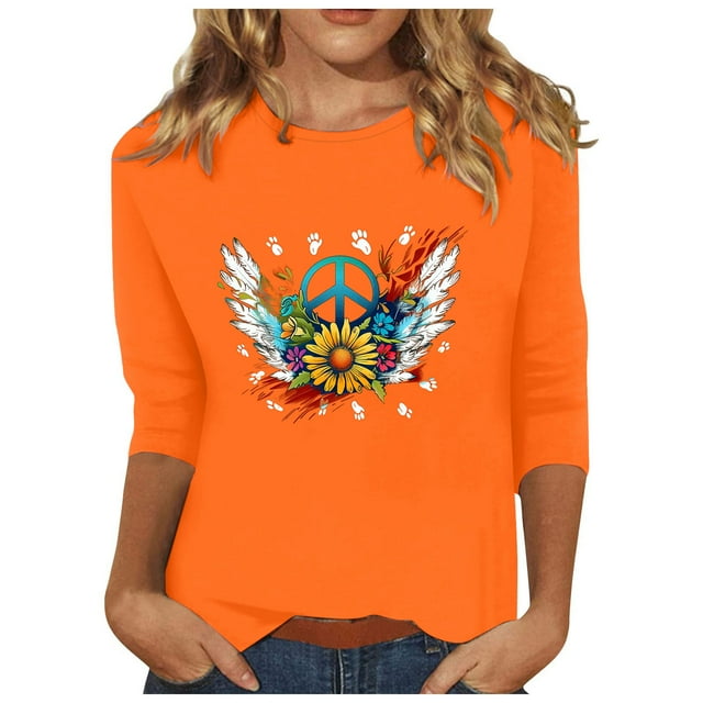 Dadaria T-Shirt Orange pour Femmes Manches 3/4 Col Rond Grande Taille Été Chandail Blouses L