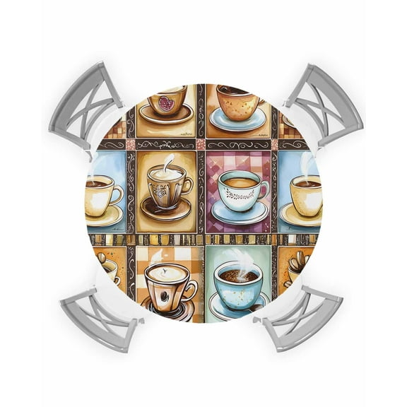 nqOlkjepod Coffee Check Plaid Round Tablecloth, Fitted Table Cover with Elastic for 36"-44" Round Tables, Brown Watercolor Farmhouse Table Cloth Outdoor Indoor Dinning Party Waterproof Tablecloths