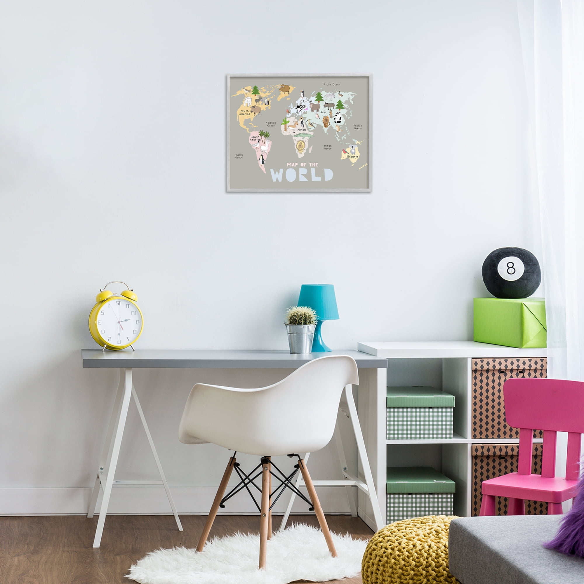 Kid's Map Of World Grey Gray Framed Giclee Art, design by Carla Daly