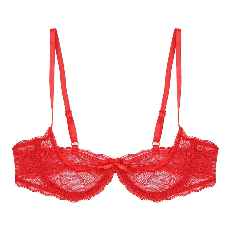 renvena Women's Sheer Lace Lingerie Push Up Underwired Shelf Bra 1/4 Cup  Unlined Bralette Tops Red XXL