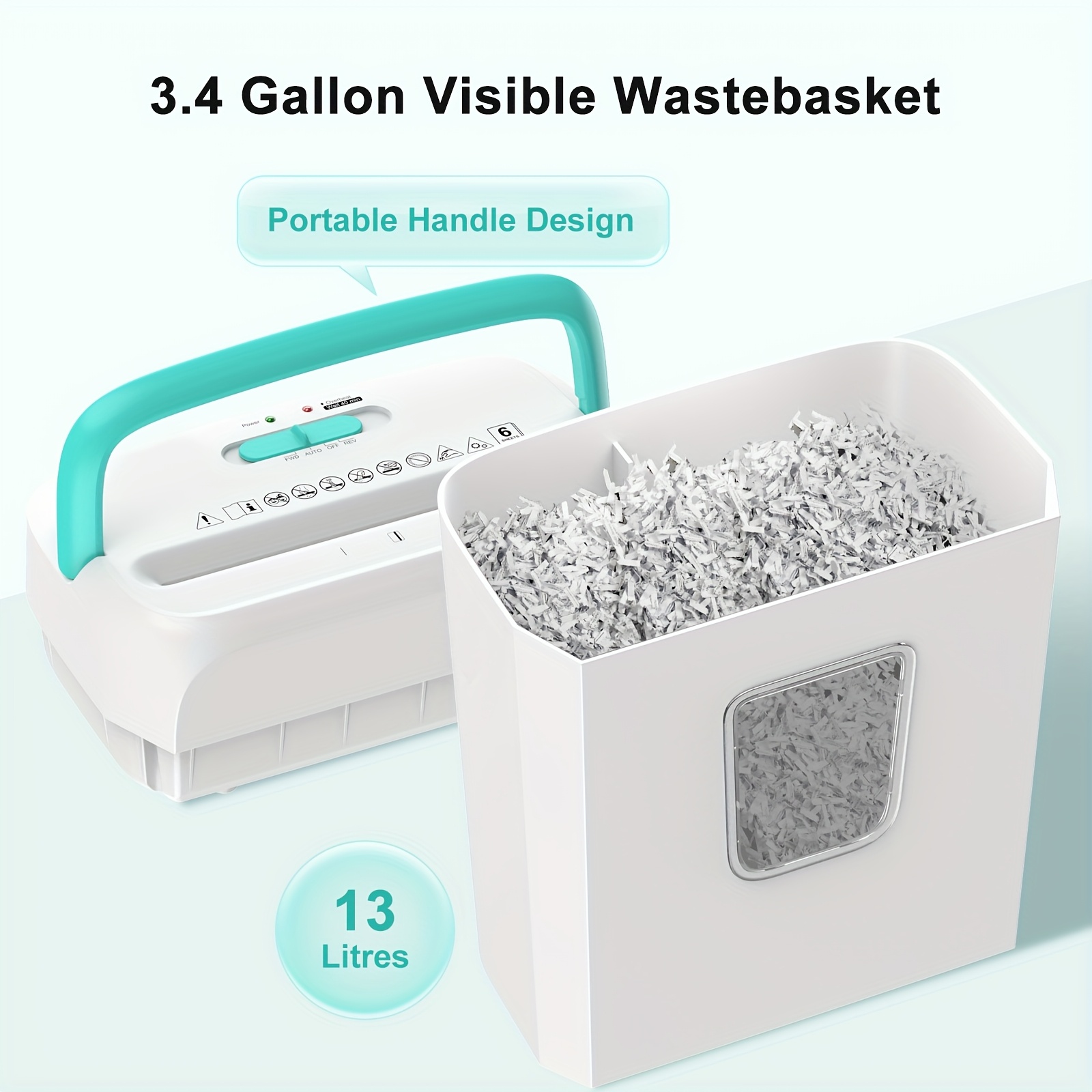 Manual Cross-Cut Paper Shredder for Home Office, 6-Sheet Capacity, Shreds Credit Cards, Staples & Clips, 3.4-Gallon Bin, White & Teal Design, 110-130V US Plug